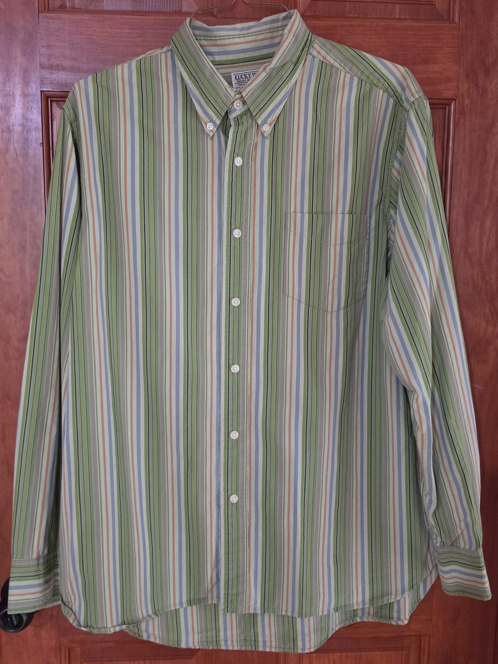 Lucky Brand Men's Green and Blue Multi-Stripe Button-Down Shirt